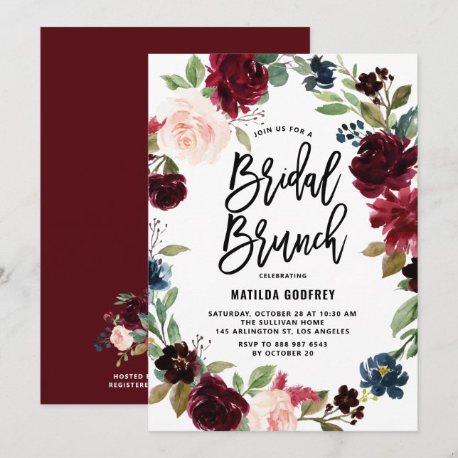 Boho Watercolor Autumn Floral Wreath Bridal Brunch Invitation (Front/Back)
