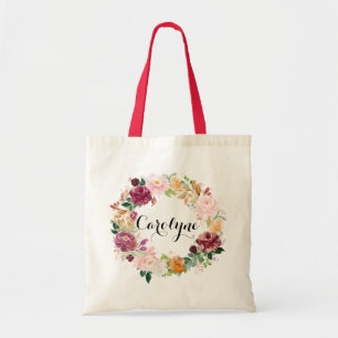 Boho Watercolor Autumn Floral Wreath Bridesmaid Tote Bag