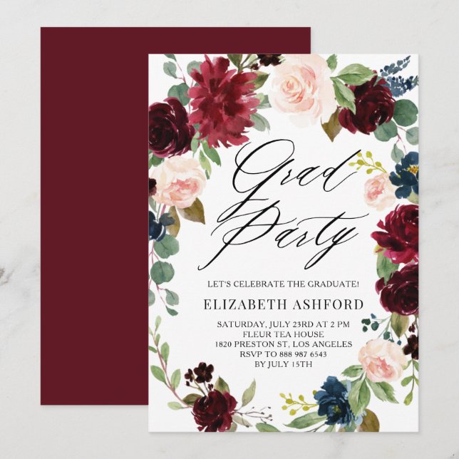 Boho Watercolor Autumn Wreath Graduation Party Invitation (Front/Back)