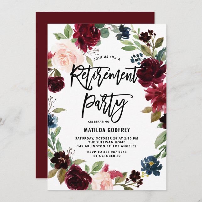 Boho Watercolor Autumn Wreath Retirement Party Invitation (Front/Back)