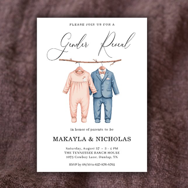 Boho Watercolor Baby Clothes Gender Reveal  Invitation (Creator Uploaded)