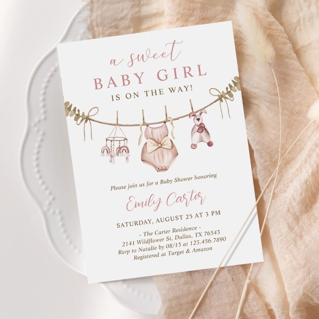 Boho Watercolor Baby Clothes Girl Baby Shower Invitation (Creator Uploaded)