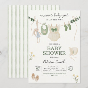 Boho Watercolor Baby Girl Clothesline Baby Shower Invitation