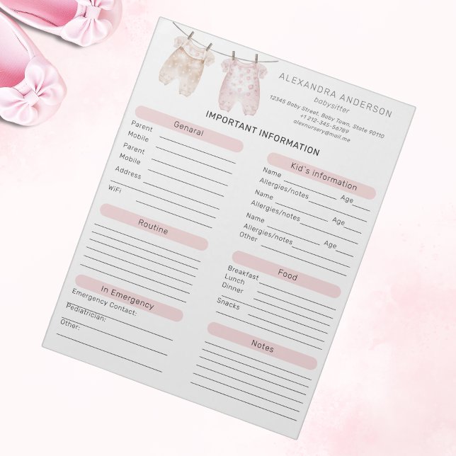 Boho Watercolor Babysitter Info Sheet Notepad (Boho Watercolor Babysitter Info Sheet Notepad)