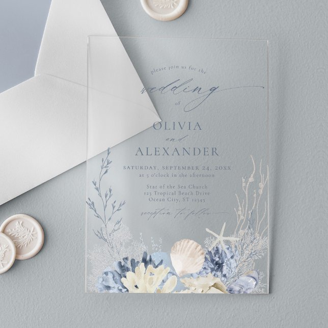 Boho Watercolor Beach Elegant Blue Wedding Acrylic Invitations (Creator Uploaded)