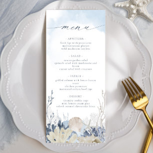 Boho Watercolor Blue Coral Beach Wedding Menu