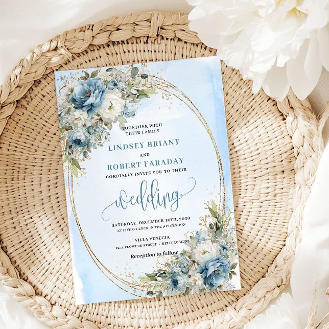 Boho Watercolor Blue Flowers Gold Wedding Invite (Boho Watercolor Blue Flowers Gold Wedding Invitation)