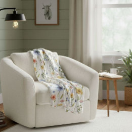 Boho Watercolor Blue Yellow Pink Wildflower Fleece Blanket