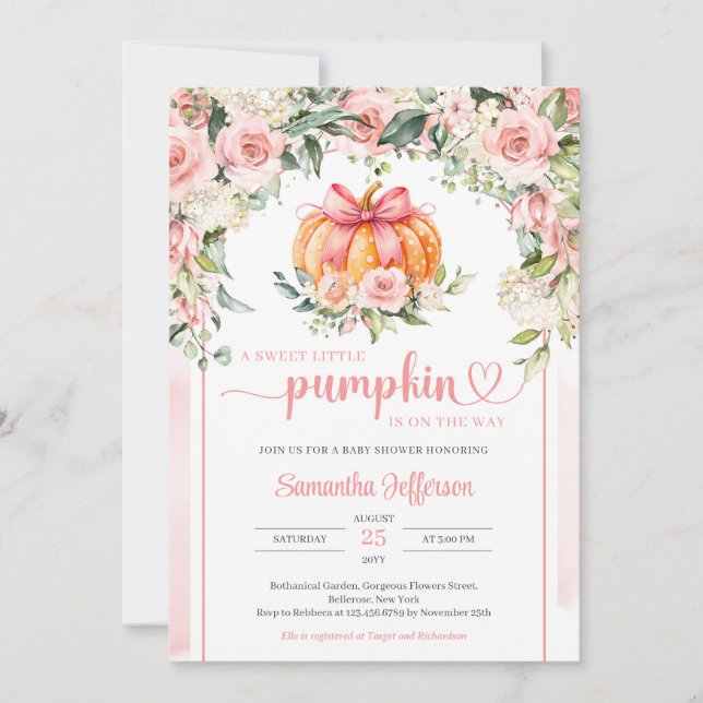 Boho watercolor blush floral polka dot pumpkin invitation (Front)