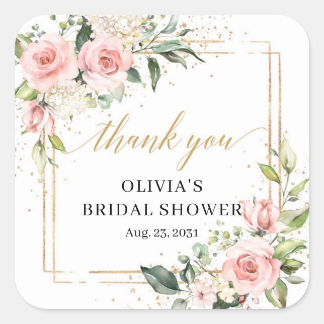Boho watercolor blush pink roses Bridal Shower Square Sticker (Front)