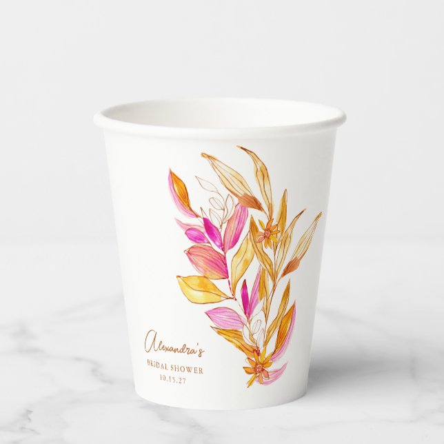 Boho Watercolor Botanical Pink Gold Bridal Shower Paper Cups (Front)