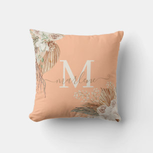Boho Watercolor Bouquet Monogrammed Peach Fuzz  Throw Pillow