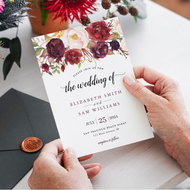 Boho Watercolor Burgundy Red Floral Rustic Wedding Invitation (Creator Uploaded)