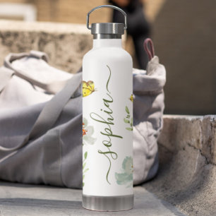 Boho Watercolor butterfly garden Personalized  Water Bottle