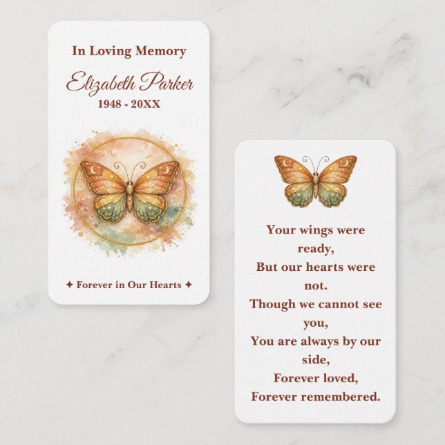 Boho Watercolor Butterfly Memorial Prayer Card (Front/Back)