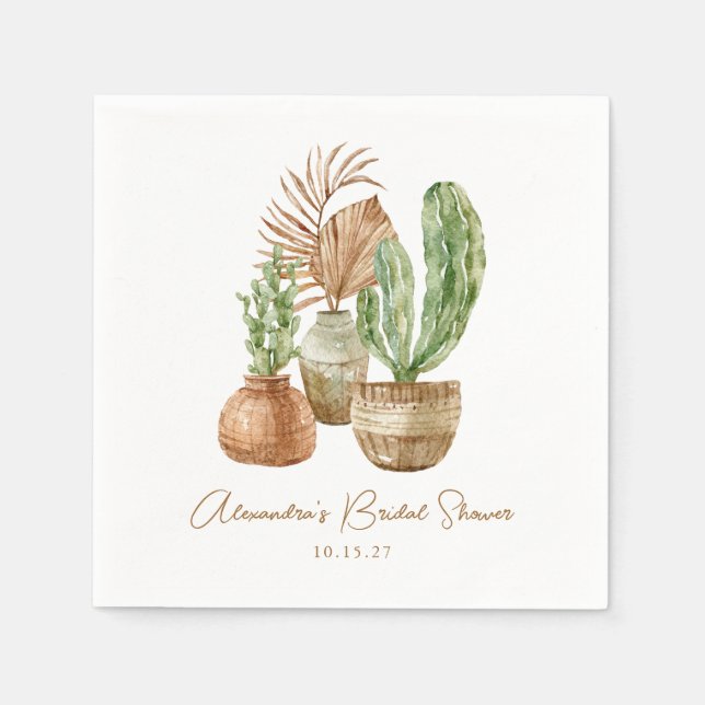 Boho Watercolor Cactus Pampas Plant Bridal Shower Napkin (Front)