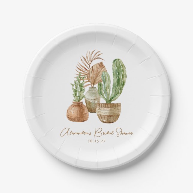 Boho Watercolor Cactus Pampas Plant Bridal Shower Paper Plate (Front)