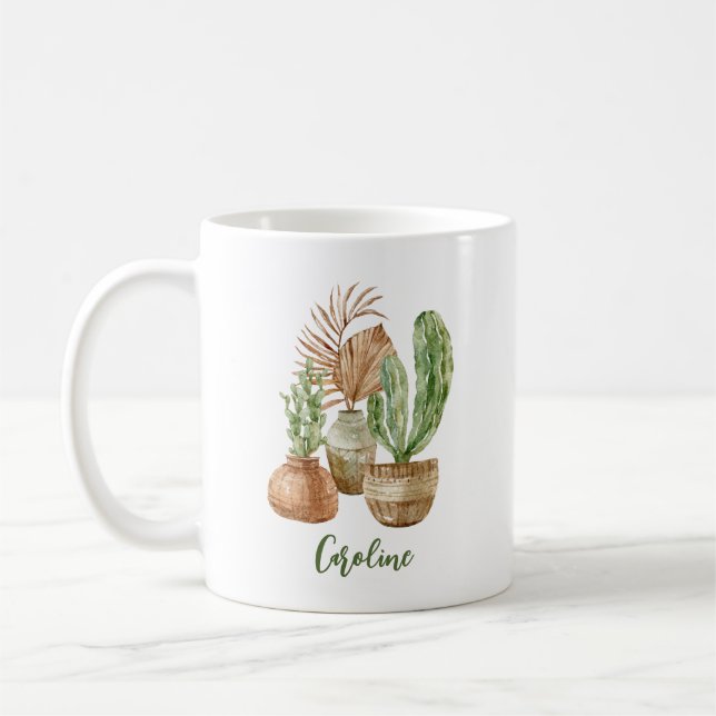 Boho Watercolor Cactus Pampas Plant Personalized Coffee Mug (Left)