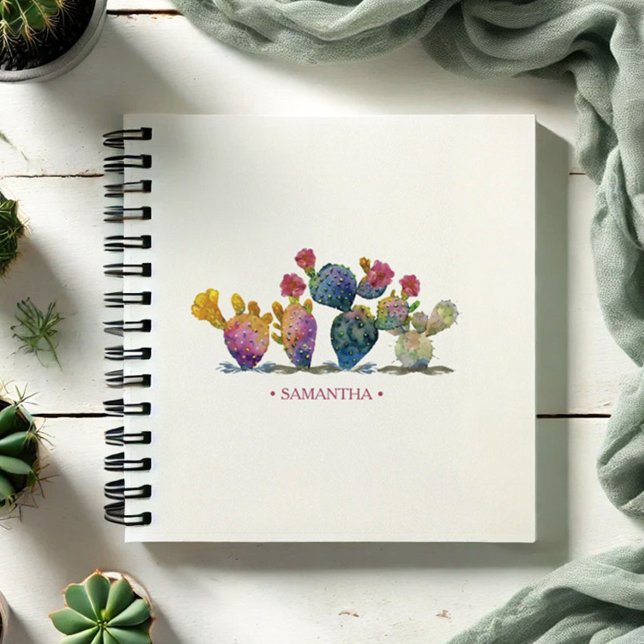 Boho Watercolor Cactus Personalized Journalling Notebook (Watercolor cactus notebook personalized with your name in pink. )