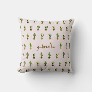 Boho Watercolor Cactus with Name Blush Throw Pillow