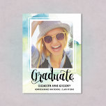 Boho Watercolor Calligraphy Photo Graduation Invitation<br><div class="desc">This chic photo graduation announcement features the word "Graduate" written in beautiful calligraphy,  a subtle blue and green watercolor background,  and a framed photo of the new graduate. Grad party details can be added to the back of the card.</div>