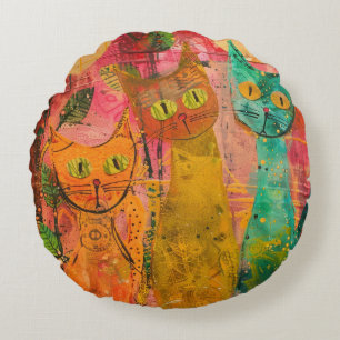 Boho Watercolor Cats – Earthy Feline Art (2) Round Pillow