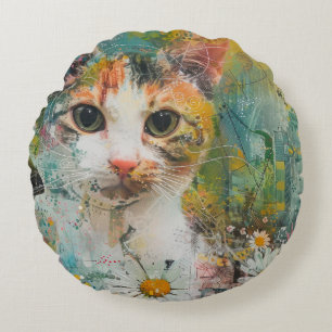Boho Watercolor Cats – Earthy Feline Art (3) Round Pillow