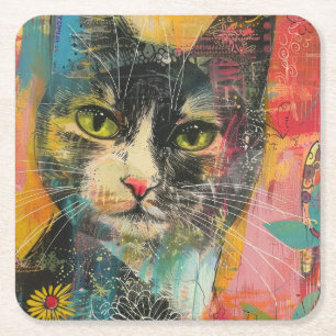 Boho Watercolor Cats – Earthy Feline Art (6) Square Paper Coaster