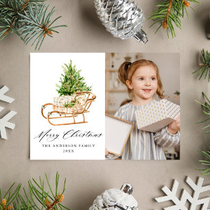 Boho Watercolor Christmas Sleigh Photo Holiday Card