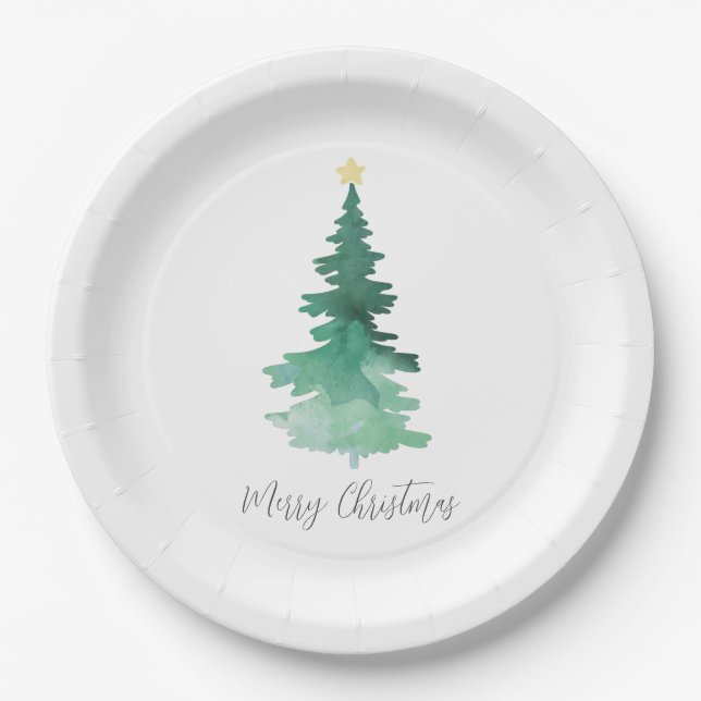 Boho Watercolor Christmas Tree Merry Christmas Paper Plate (Front)
