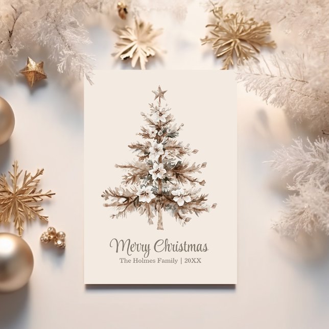 Boho Watercolor Christmas Tree Non Photo Holiday Card (Boho Watercolor Christmas Tree Non Photo Holiday Card with golden Christmas decoration.)