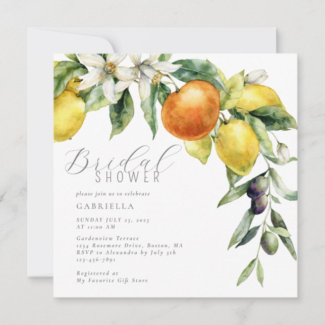 Boho Watercolor Citrus Lemon Orange Bridal Shower Invitation (Front)