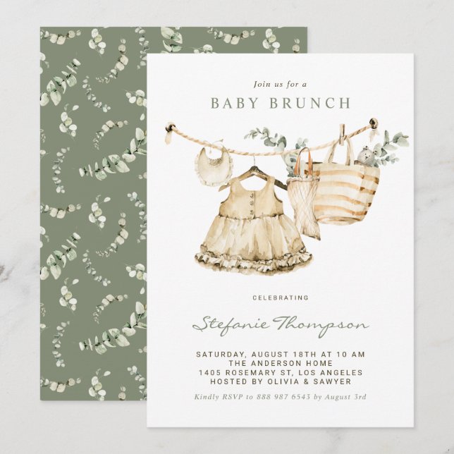 Boho Watercolor Clothesline Baby Brunch Invitation (Front/Back)