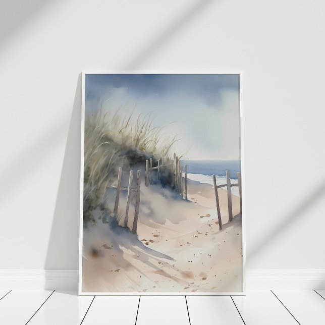 Boho Watercolor Coastal Panorama Art  Poster (Boho Watercolor Coastal Panorama Art Poster on a wooden floor in white frame.)