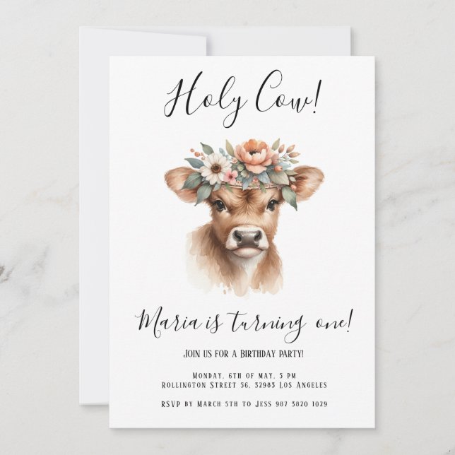 Boho Watercolor Cow Kids Birthday Party Invitation (Front)