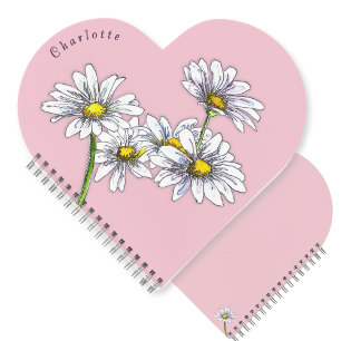 Boho Watercolor Daisy Pink Heart Christmas Gift Notebook