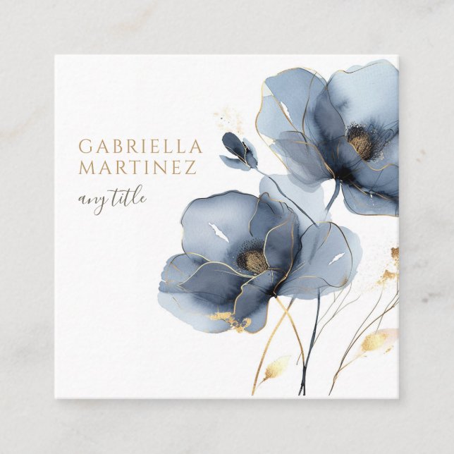 Boho Watercolor Dark Blue Floral Wildflower Square Business Card (Front)