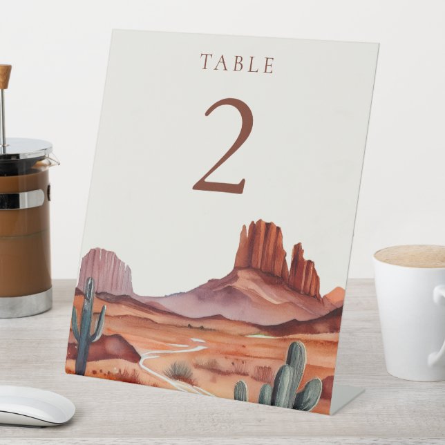 Boho Watercolor Desert Wedding Table Number Pedestal Sign (In SItu)