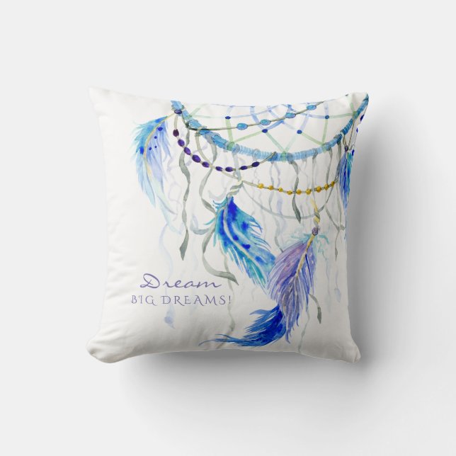 BOHO Watercolor Dream Catcher Big Dreams Feathers Throw Pillow (Front)