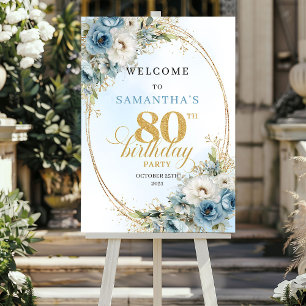 Boho Watercolor dusty blue 80th birthday welcome  Poster