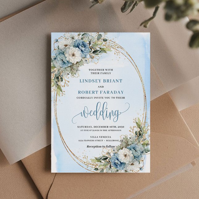 Boho Watercolor Dusty Blue Floral Gold Wedding  Invitation (Boho Dusty Blue Floral Gold Glitter Wedding Invite)