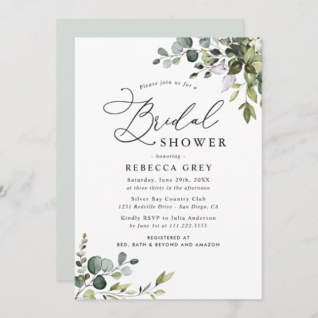 Boho Watercolor Dusty Blue Greenery Bridal Shower Invitation (Front/Back)