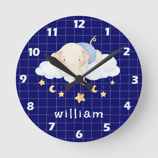 Boho Watercolor Elephant Clouds Navy Blue Nursery Round Clock (Front)