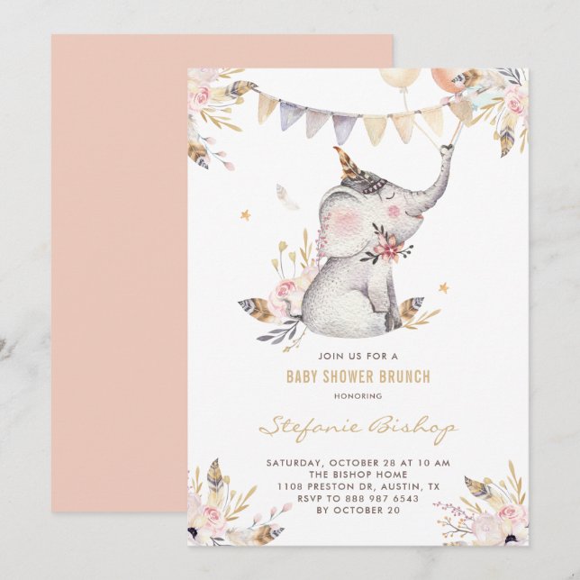 Boho Watercolor Elephant Floral Baby Shower Brunch Invitation (Front/Back)