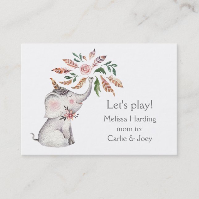 Boho Watercolor Elephant  Flowers Mom Calling Card (Front)