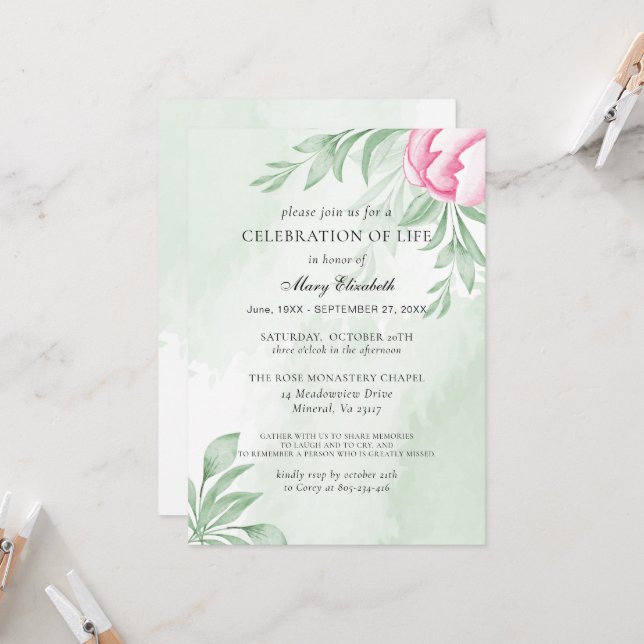 Boho Watercolor Eucalyptus Celebration Of Life Invitation (Front/Back In Situ)