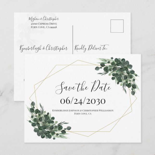 Boho Watercolor Eucalyptus Geometric Save the Date Postcard (Front/Back)