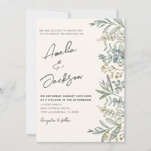 Boho Watercolor Eucalyptus Green & Ivory Wedding Invitation
