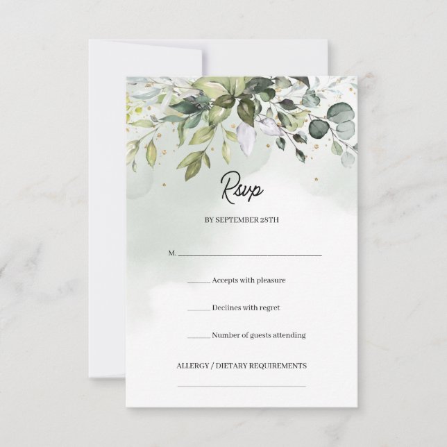 Boho watercolor eucalyptus greenery gold sparkles RSVP card (Front)