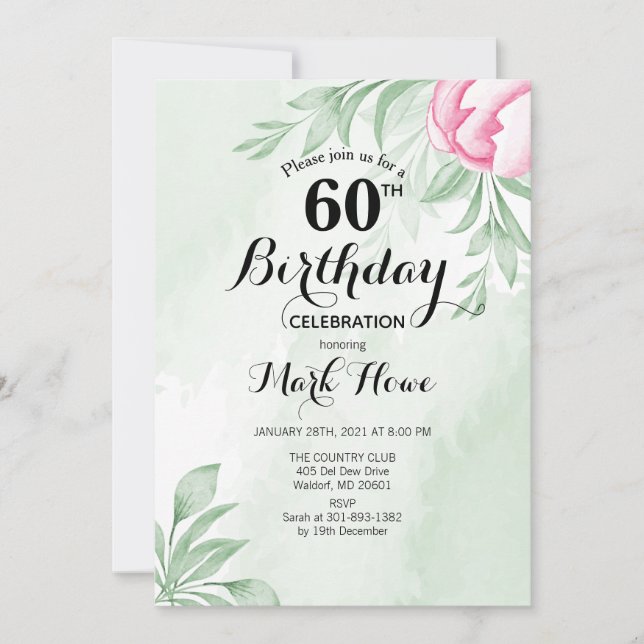 Boho Watercolor Eucalyptus Leaves 60th Birthday Invitation (Front)
